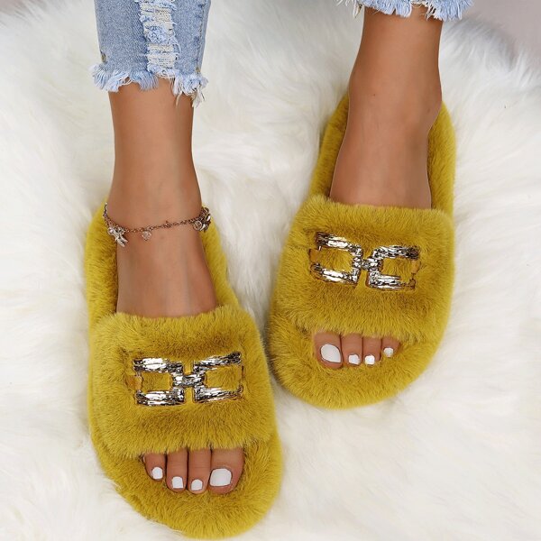 

Chain Decor Fluffy Bedroom Sandals, Yellow