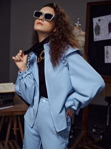 Pompi García Fringe Trim Lantern Sleeve Open Front Jacket - Dusty Blue - View 1