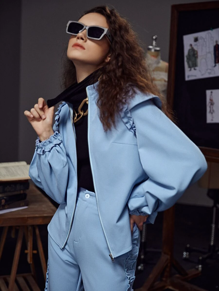 Pompi García Fringe Trim Lantern Sleeve Open Front Jacket - Dusty Blue - View 1