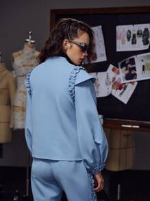 Pompi García Fringe Trim Lantern Sleeve Open Front Jacket - Dusty Blue - View 2