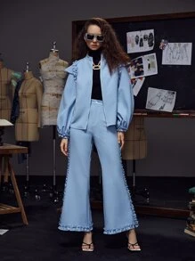 Pompi García Fringe Trim Lantern Sleeve Open Front Jacket - Dusty Blue - View 4