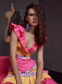 Pompi García Plunge Neck Colour Block Ruffle Trim Frill Hem Blouse - Multicolor - View 1