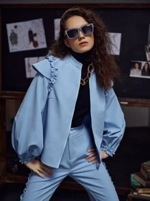 Pompi García Fringe Trim Lantern Sleeve Open Front Jacket - Dusty Blue - View 5