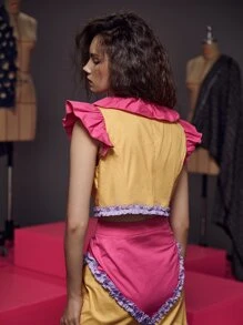 Pompi García Plunge Neck Colour Block Ruffle Trim Frill Hem Blouse - Multicolor - View 2