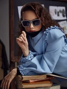 Pompi García Fringe Trim Lantern Sleeve Open Front Jacket - Dusty Blue - View 6