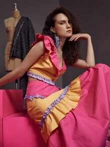 Pompi García Plunge Neck Colour Block Ruffle Trim Frill Hem Blouse - Multicolor - View 3