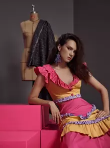 Pompi García Plunge Neck Colour Block Ruffle Trim Frill Hem Blouse - Multicolor - View 4