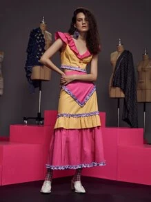 Pompi García Plunge Neck Colour Block Ruffle Trim Frill Hem Blouse - Multicolor - View 5