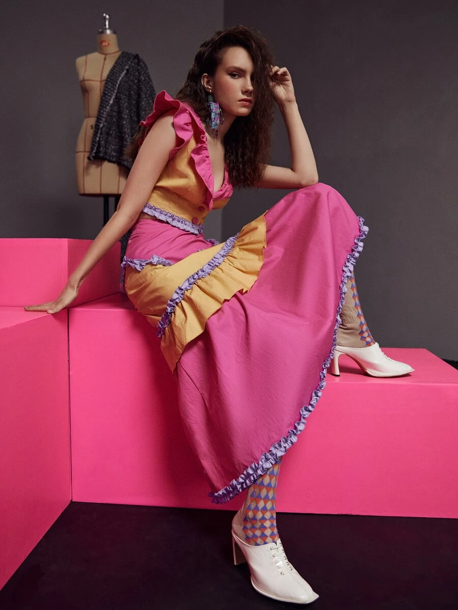 Pompi García Colour Block Frill Trim Skirt - Multicolor - View 1