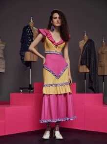 Pompi García Colour Block Frill Trim Skirt - Multicolor - View 5