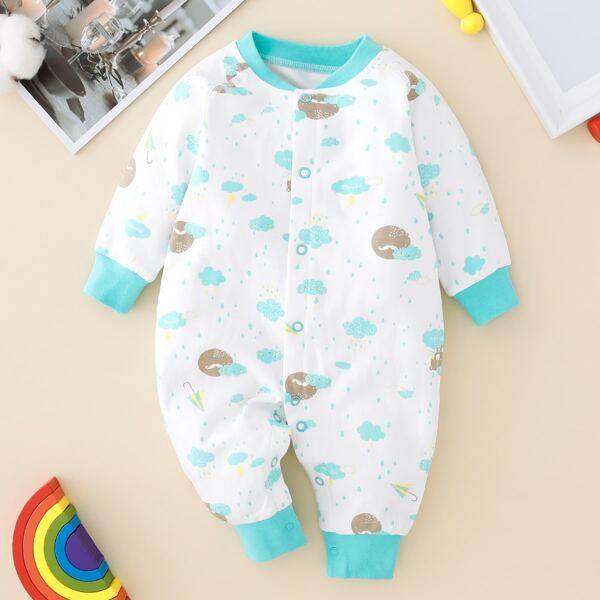 

Baby Cloud & Raindrop Print Top-stitching Raglan Sleeve Jumpsuit, Multicolor