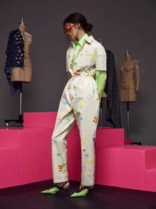 Janie Hao Plaid & Cartoon Graphic Button Front Jumpsuit