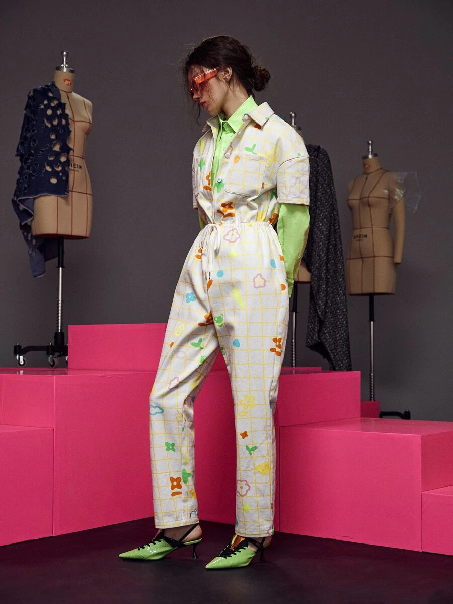 Janie Hao Plaid & Cartoon Graphic Button Front Jumpsuit