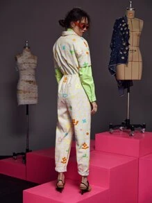 Janie Hao Plaid & Cartoon Graphic Button Front Jumpsuit