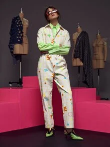 Janie Hao Plaid & Cartoon Graphic Button Front Jumpsuit