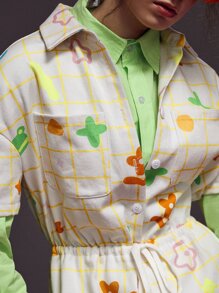 Janie Hao Plaid & Cartoon Graphic Button Front Jumpsuit