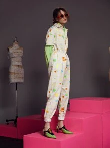 Janie Hao Plaid & Cartoon Graphic Button Front Jumpsuit