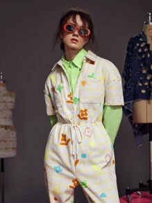 Janie Hao Plaid & Cartoon Graphic Button Front Jumpsuit