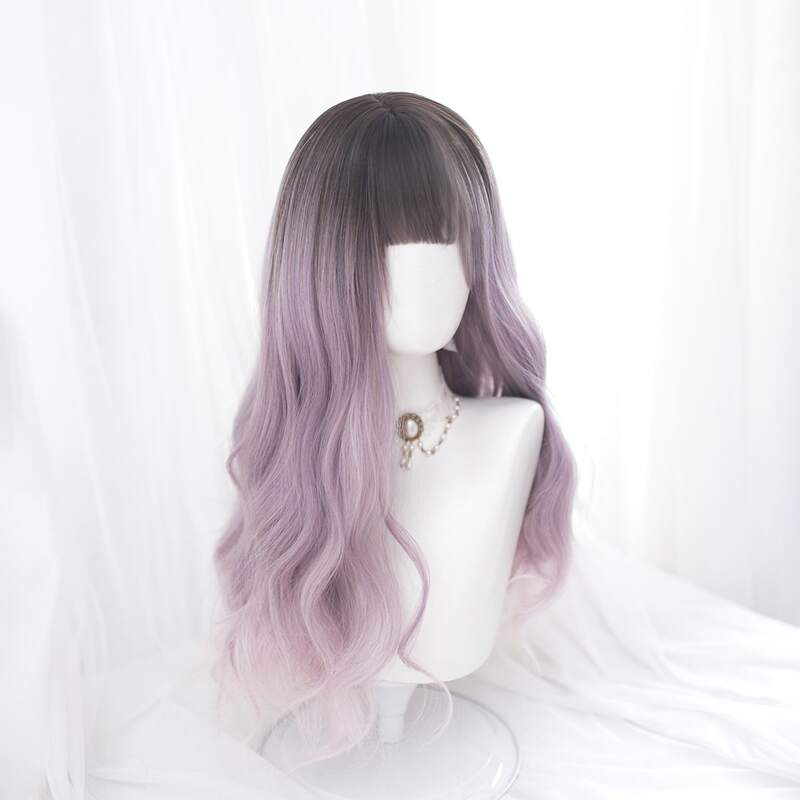 

Ombre Natural Long Curly Wig With Bangs, Mauve purple