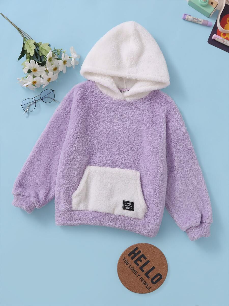 SHEIN Sudadera tipo teddy con hombros caídos y detalles de parches para niña preadolescente - Lila Púrpura - Ver 1