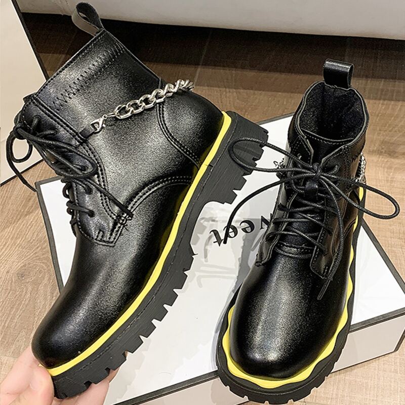 

Chain Decor Lace-up Front Combat Boots, Yellow