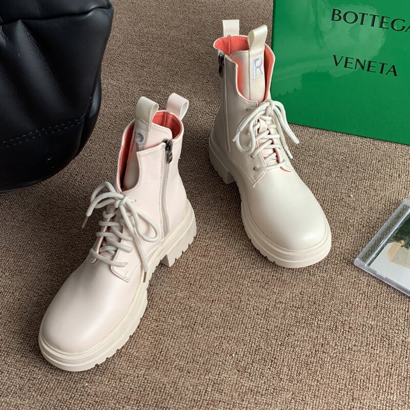 

Side Zipper Lace-up Front Combat Boots, Beige