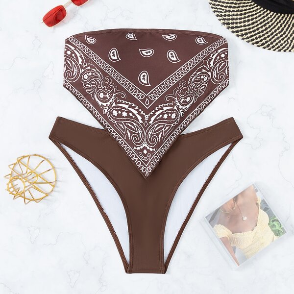 

Random Print Hanky Hem Bandeau Bikini Swimsuit, Coffee brown