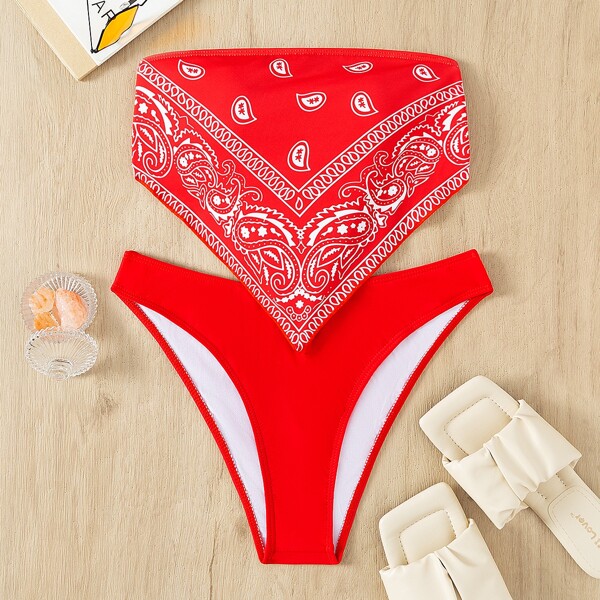 

Random Print Hanky Hem Bandeau Bikini Swimsuit, Red and white