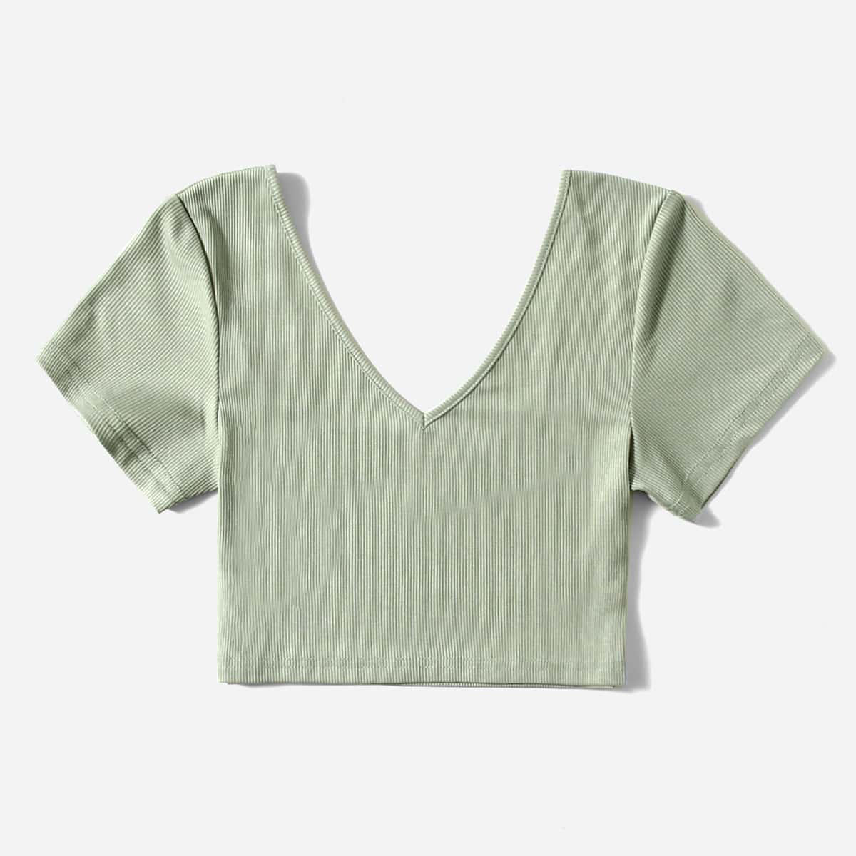 

Solid V Neck Ribbed Crop Tee, Mint green
