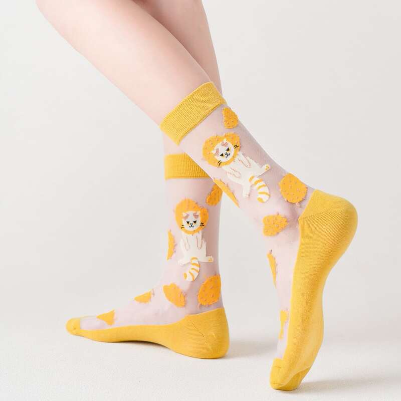 

Cartoon Cat Print Crew Socks, Clear