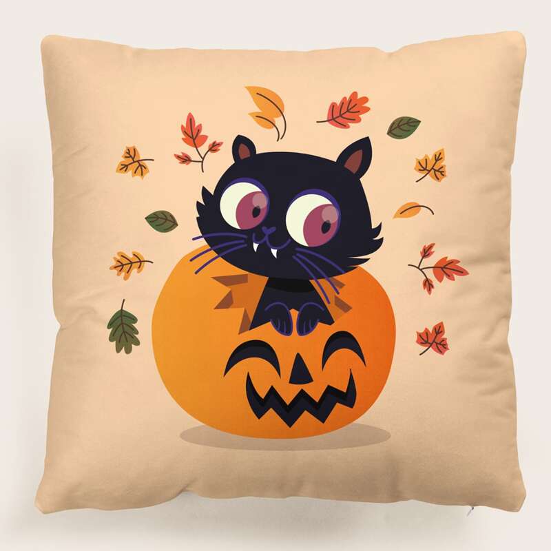 

Halloween Cartoon Graphic Cushion Cover Without Filler, Black