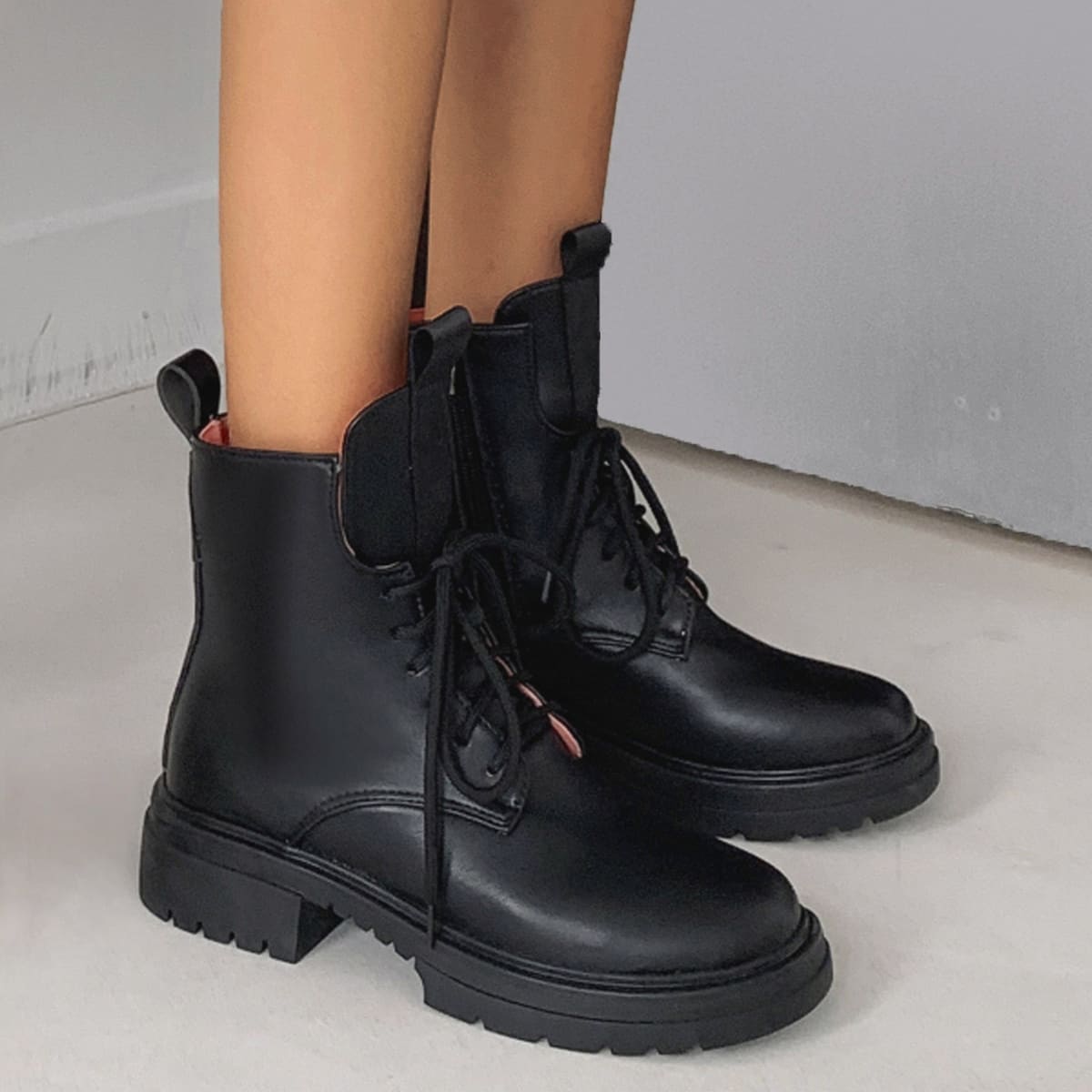 

Side Zipper Lace-up Front Combat Boots, Black