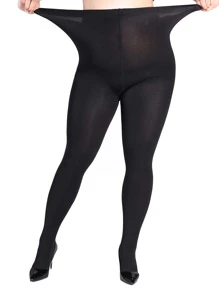 1200D Plus Size Simple Solid Black Tights - Black - View 2