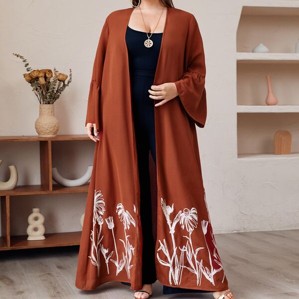 

Plus Floral Print Flounce Sleeve Open Front Abaya, Burnt orange