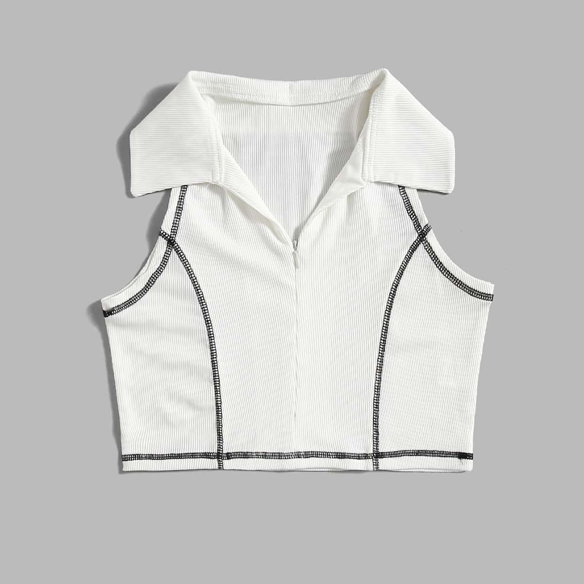 

Stitching Trim Rib-Knit Tank Top, White