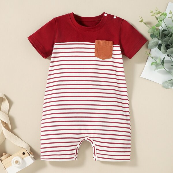 

Baby Boy Striped Colorblock Tee Romper, Red and white
