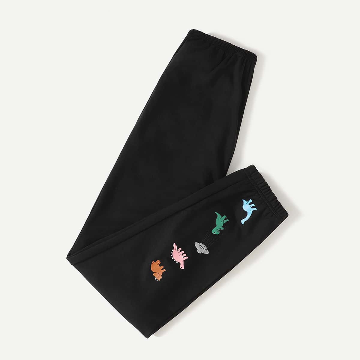 

Cartoon Dinosaur Graphic Sweatpants, Black