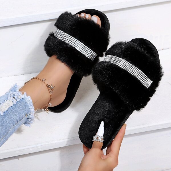 

Rhinestones Decor Fluffy Home Slippers, Black