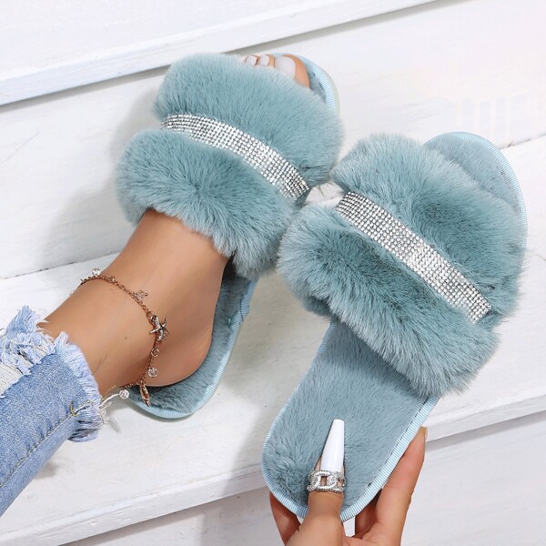 

Rhinestones Decor Fluffy Home Slippers, Cadet blue