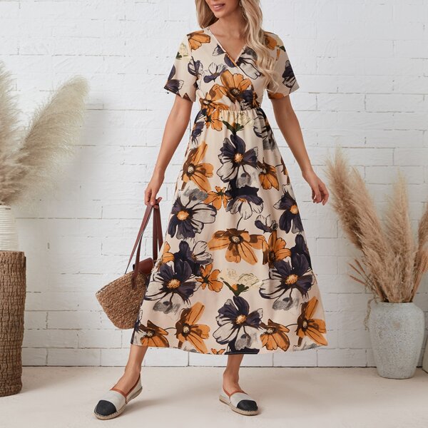 

Floral Print Surplice Front A-line Dress, Multicolor