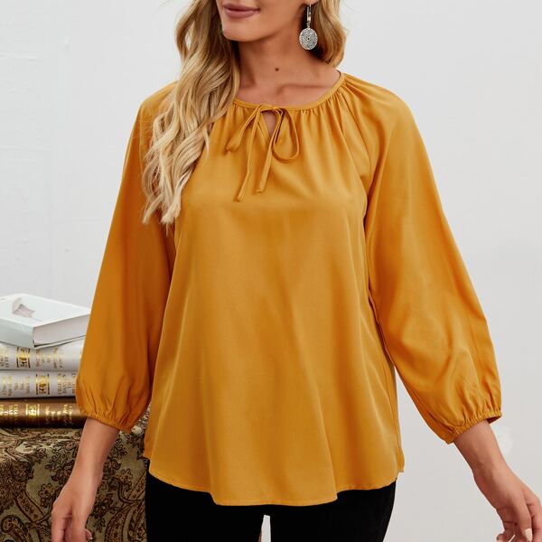 

Solid Tie Neck Blouse, Mustard yellow
