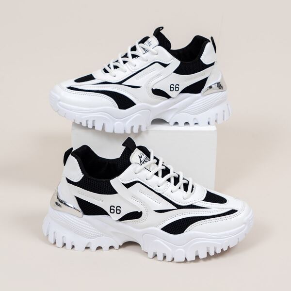 

Colorblock Letter Graphic Chunky Sneakers, Black and white