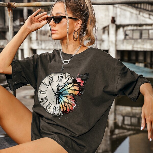 

Clock & Butterfly Graphic Drop Shoulder Oversized Tee, Dark grey
