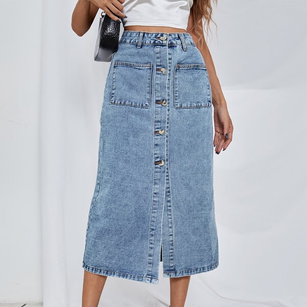 

High Waist Button Fly Denim Skirt, Light wash