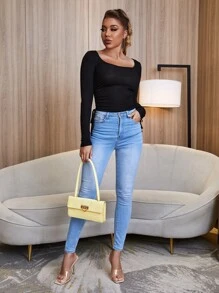 RueChic Drawstring Side Scoop Neck Tee - Black - View 3