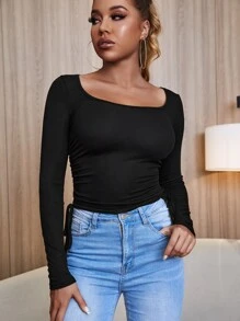 RueChic Drawstring Side Scoop Neck Tee - Black - View 4