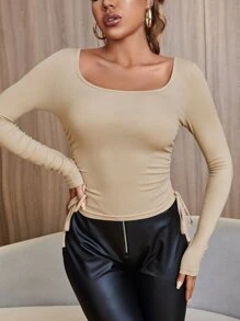 RueChic Drawstring Side Scoop Neck Tee - Khaki - View 5