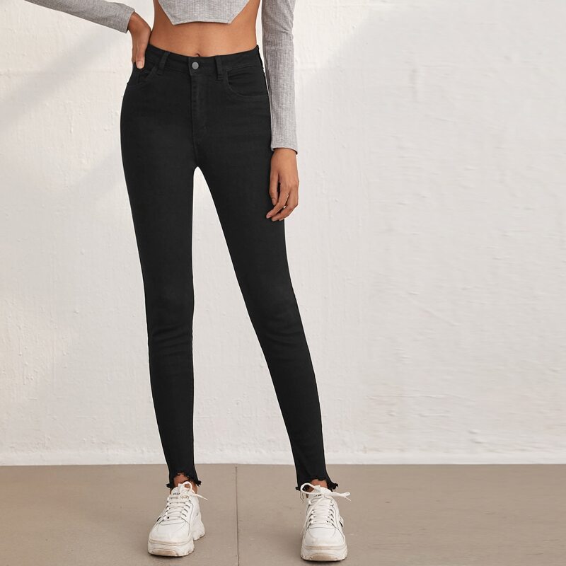 

High Waist Raw Hem Skinny Jeans, Black