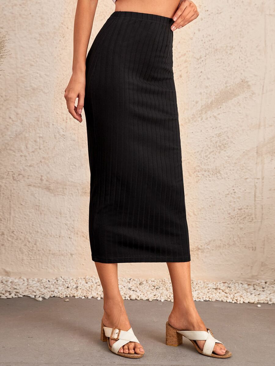 EMERY ROSE Falda unicolor tejido de canalé - Negro - Ver 1