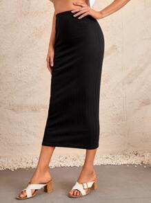 EMERY ROSE Falda unicolor tejido de canalé - Negro - Ver 3